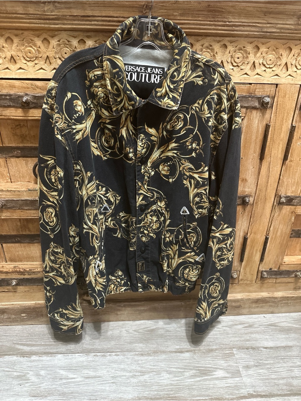 Versace Jeans Couture Mens Black Gold Baroque Print Snap Front Jacket Size Large